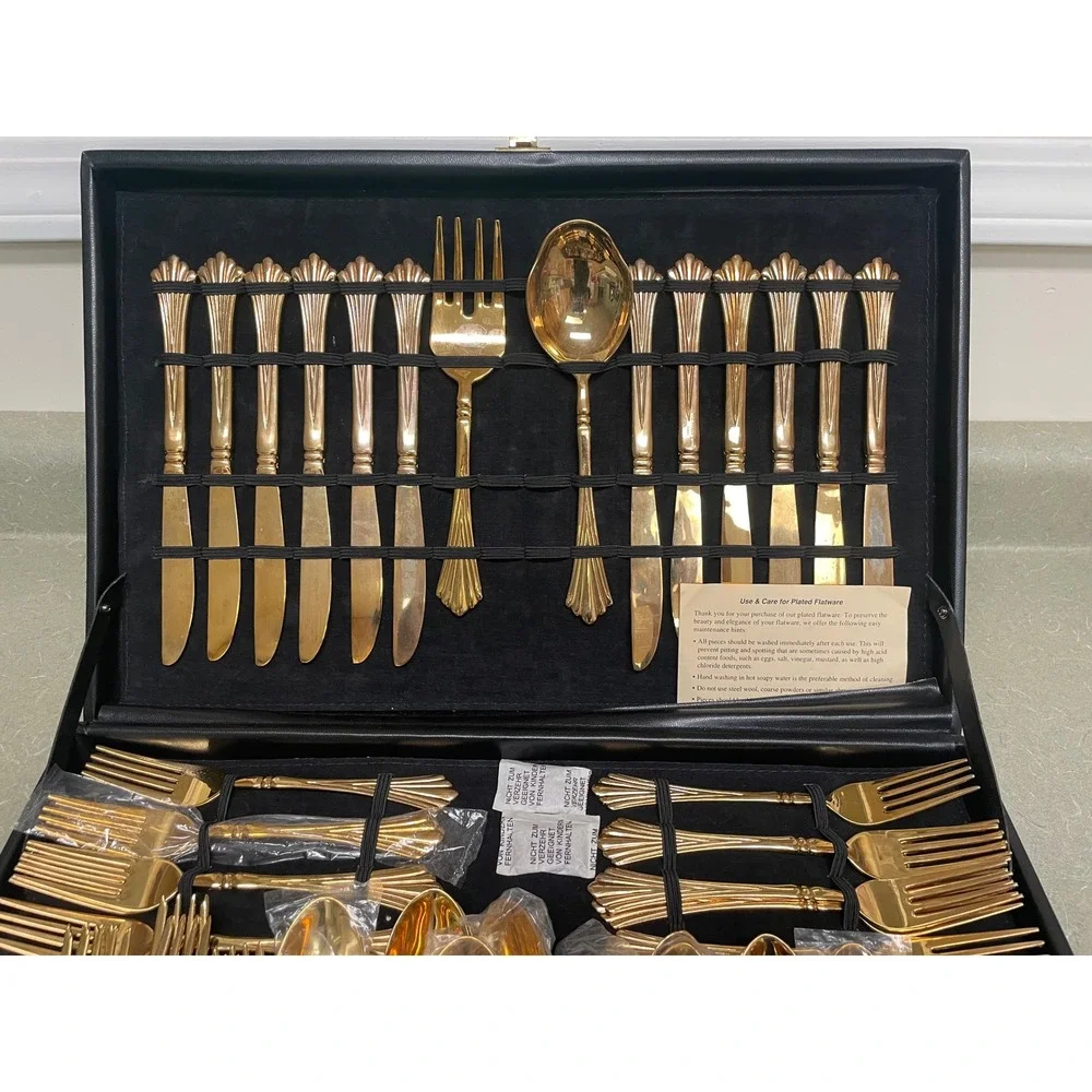 Vtg Wm Rogers & Sons Golden Royal Plume Gold Plated Flatware Set Cutlery w Case